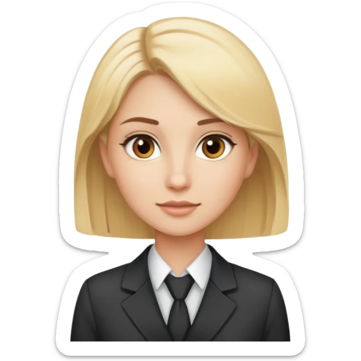 young women, blonde, brown eyes, wears official clothes, looks like sales manager sticker