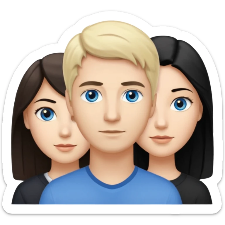 Blond woman blue eyes on left. Man with black hair and greye eye in the middle. Brown hair woman with greye eyes on the right sticker