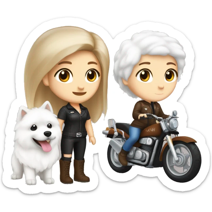 Biker girl white skin brown shorty hair and girl white skin brown long hair and a Samoyed sticker