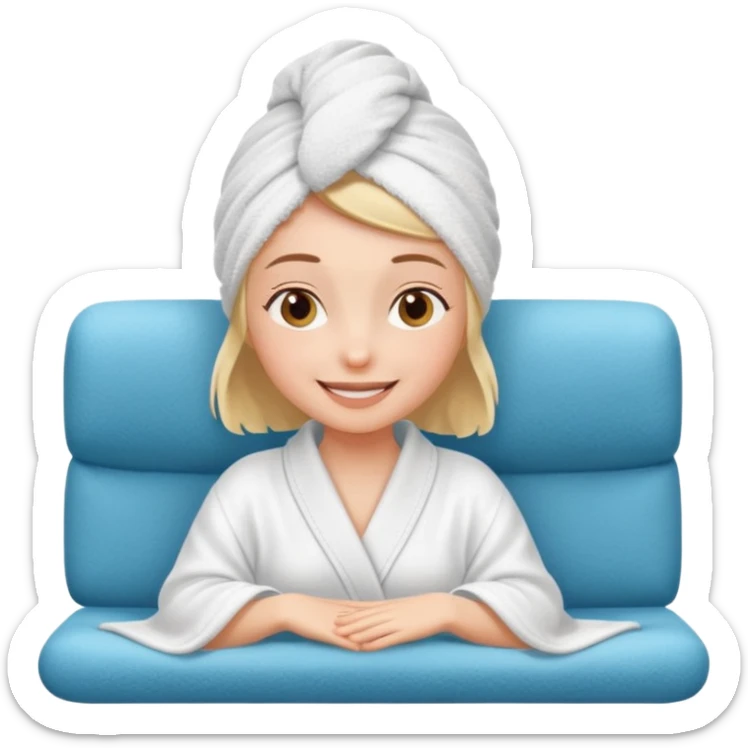 spa A contented and relaxed girl with a towel on her head in a white robe lies on a couch. The icon displays the couch and the girl in full three-quarter view. sticker