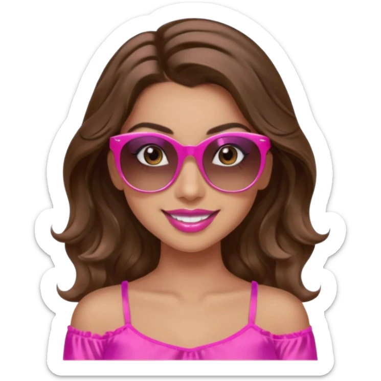 girl with long wavy brown hair, brown eyes, long lashes makeup, sexy pink lips, smiling, light to medium complexion, wearing a pink sexy silk top, relaxing in a beach chair  sticker