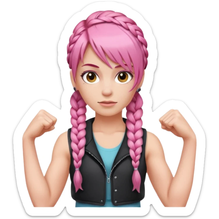 Woman with braided pink hair with an asymmetrical bang, wearing a sleeveless vest and flexing sticker