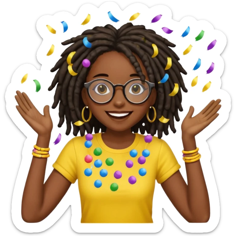 darker skin female with dark dreadlock hair wearing large round glasses and a yellow top celebrating with confetti sticker