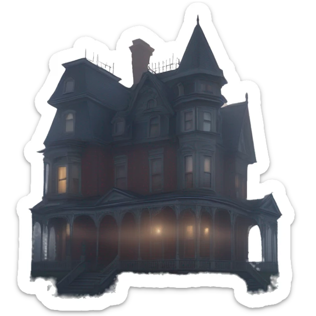 Wide view, A very roomy ramshackle Victorian mansion looms through dense fog at dusk  sticker