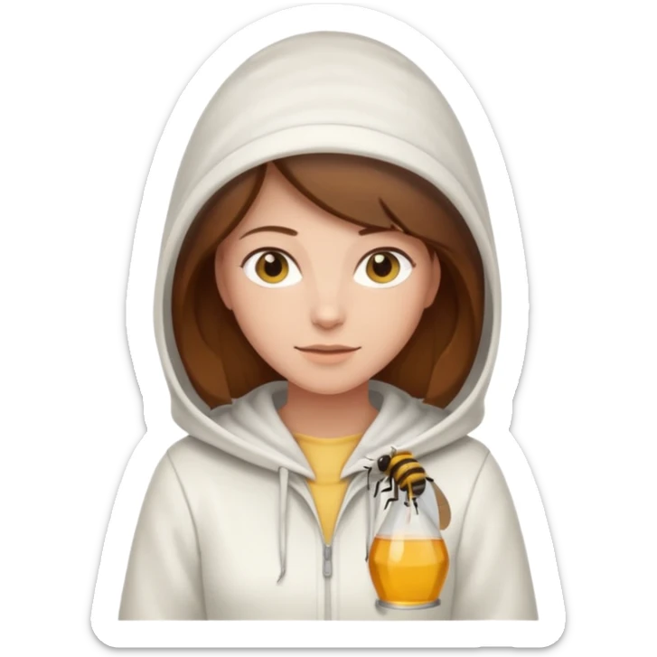 female bee keepers with brown hair, white outfit, white hood sticker