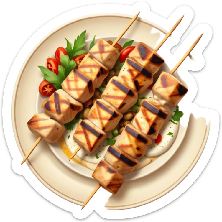 cinematic-realistic-souvlaki-dish-emoji,-showcasing-skewered,-2 grilled-chicken-with-mediterranean-spices-rendered-with-dynamic-textures-and-warm,-appetizing-lighting on pita bread on a plate sticker