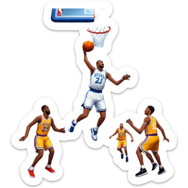 An icon showing a basketball court with players in action, inspired by NBA 2K25. A player jumps for a dunk, the ball mid-air, surrounded by a vibrant basketball arena with cheering fans and bright lights. Transparent background emphasizes the intense atmosphere sticker