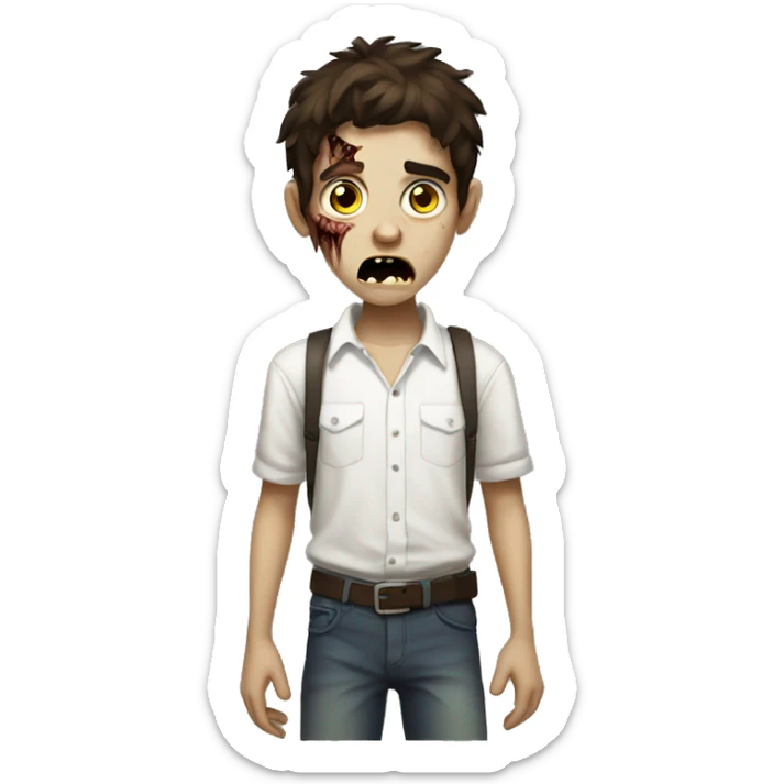 boy zombie teen with scared expression and dark brown hair and white slim shirt sticker