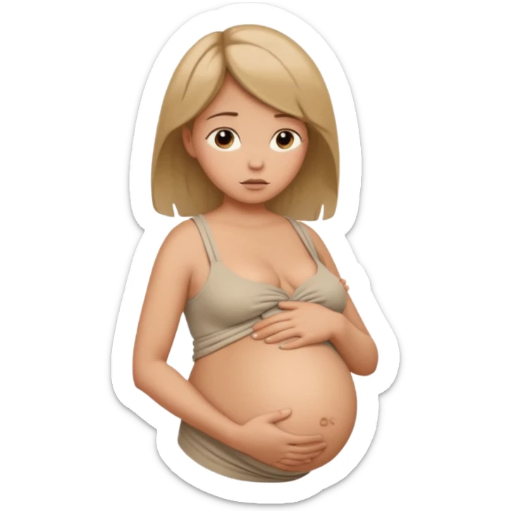 pregnant woman with neatly tied hair looking tired touching her big belly softly and breath slowly sticker