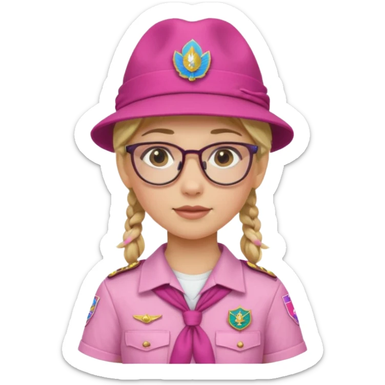 scout girl with pink scout uniform including hat, blonde braided haired and glassess sticker