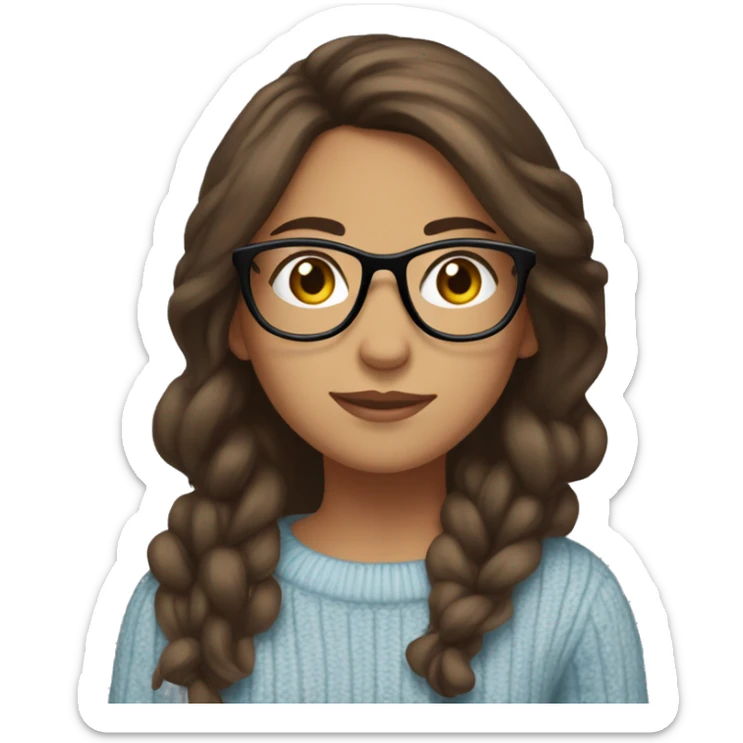 hispanic girl, long brown hair, brown eyes, full body, glasses, young, light blue winter sweater sticker