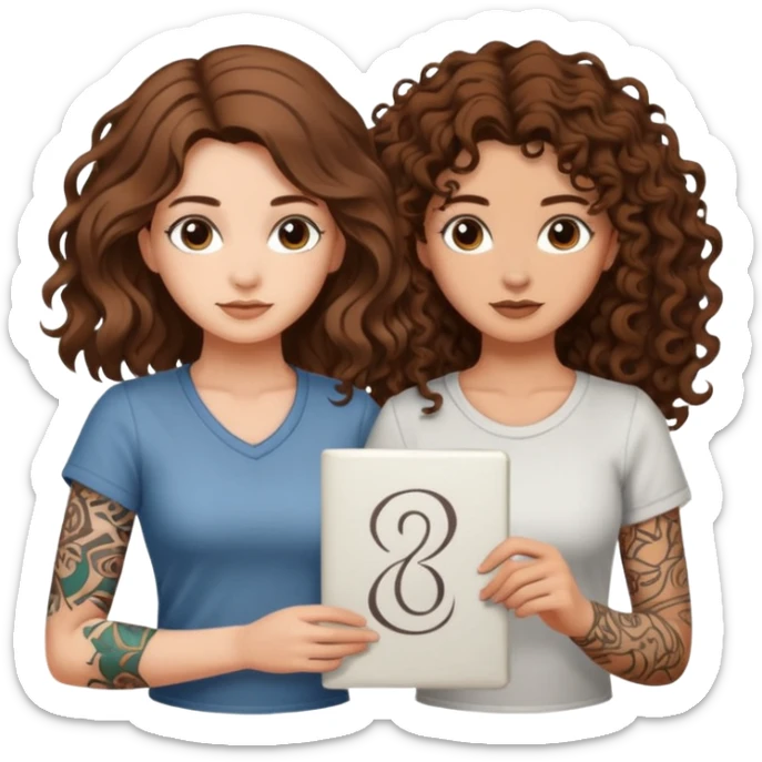 formula drawing — long wavy brown hair tattooed woman and short tight curly brown hair woman — rune sketch ground sticker