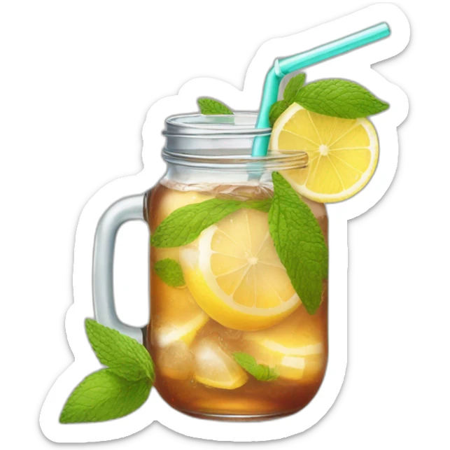 iced tea in a mason jar, with no lid, and a straw. In the iced tea have lemons, mint leaves and ice sticker