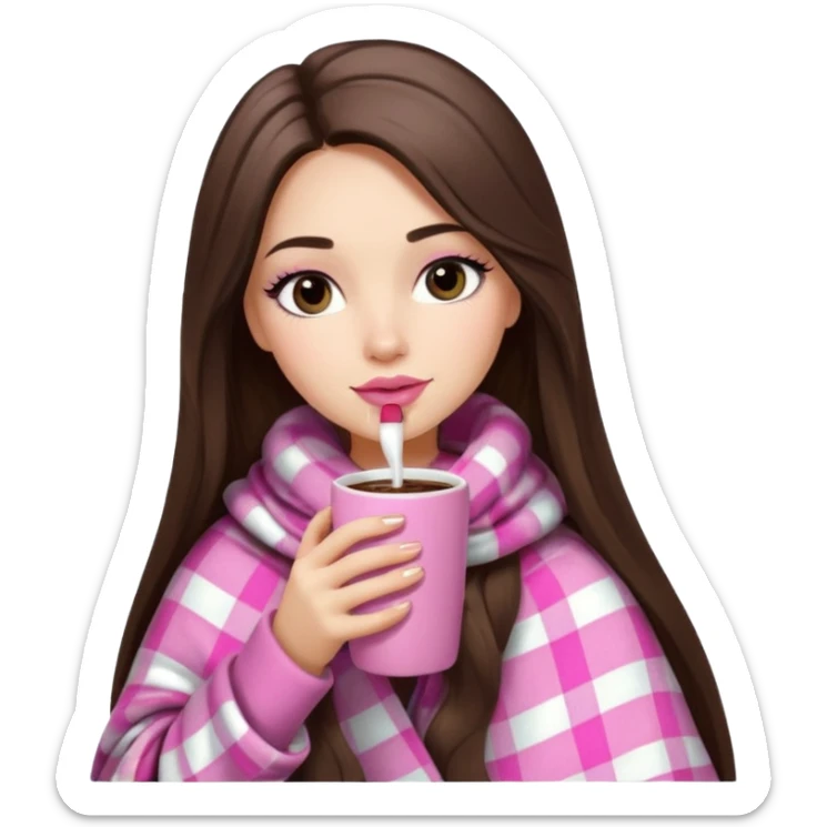 Pink lip, eyelashes, Black eyed brunette girl with long hair and light skin shoulders wrapped up in a pink plaid blanket drinking hot chocolate sticker