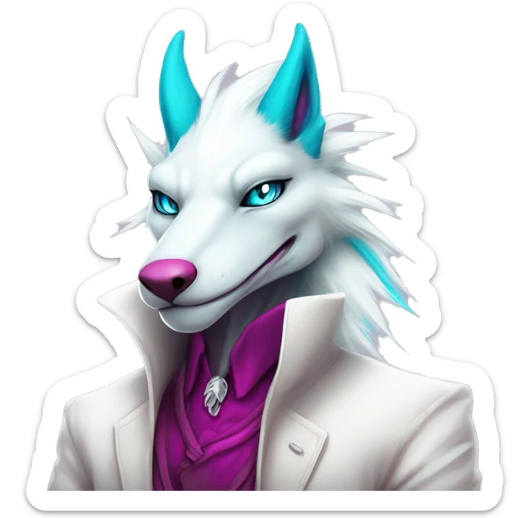 White elegant beautiful natural cute badass epic anthro modern albino sergal-vernid-Fakémon with cyan mane and magenta eyes with cyan edgy stripes, anthropomorphic, two-legged, digitigrade, full body sticker