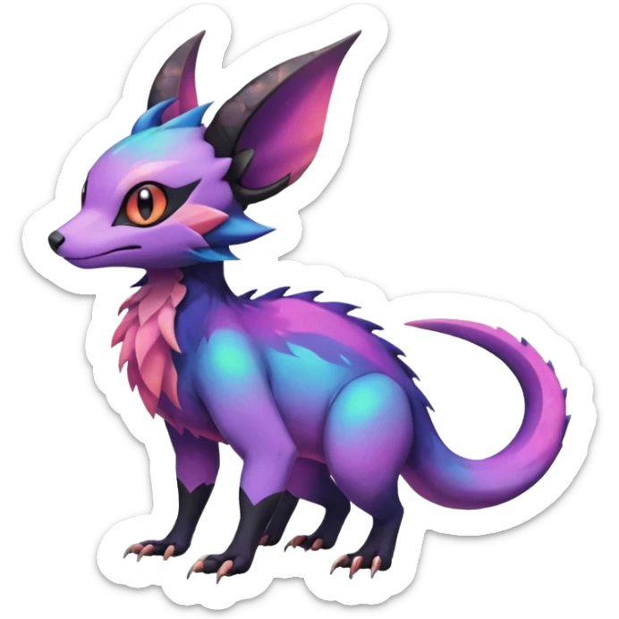 Rare epic aesthetic colorful Noivern-Salandit-Noibat-Eevee-Civet-species-Fakemon-hybrid-creature, with markings, full body sticker