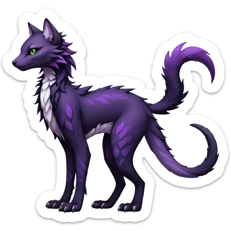 Kawaii dark black purplish blackish edgy fantasy ethereal feline-vernid-sergal-fursona animal creature with a tufted tail full body with intricate markings  sticker