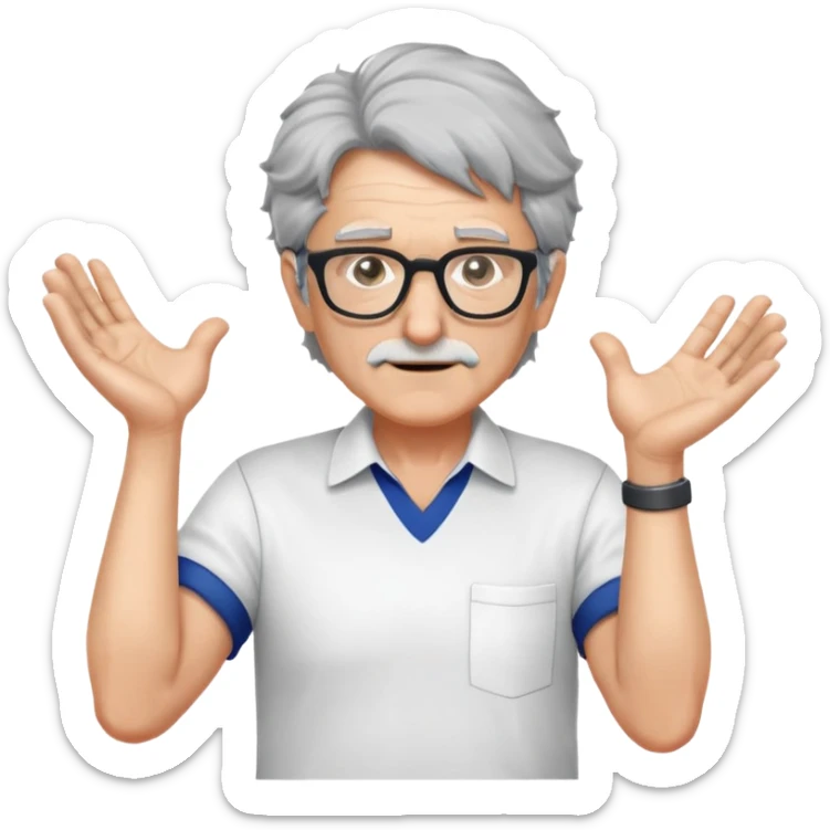 older professor with salt-and-pepper hair and glasses wearing shirts, no mustache, with hands positioned as if grabbing an invisible rugby ball sticker