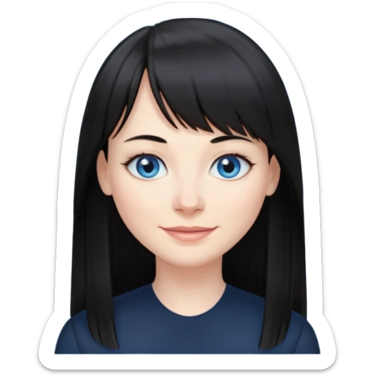 40 yr old woman long straight black hair, pale skin, blue eyes, black clothes, small smile, bangs sticker