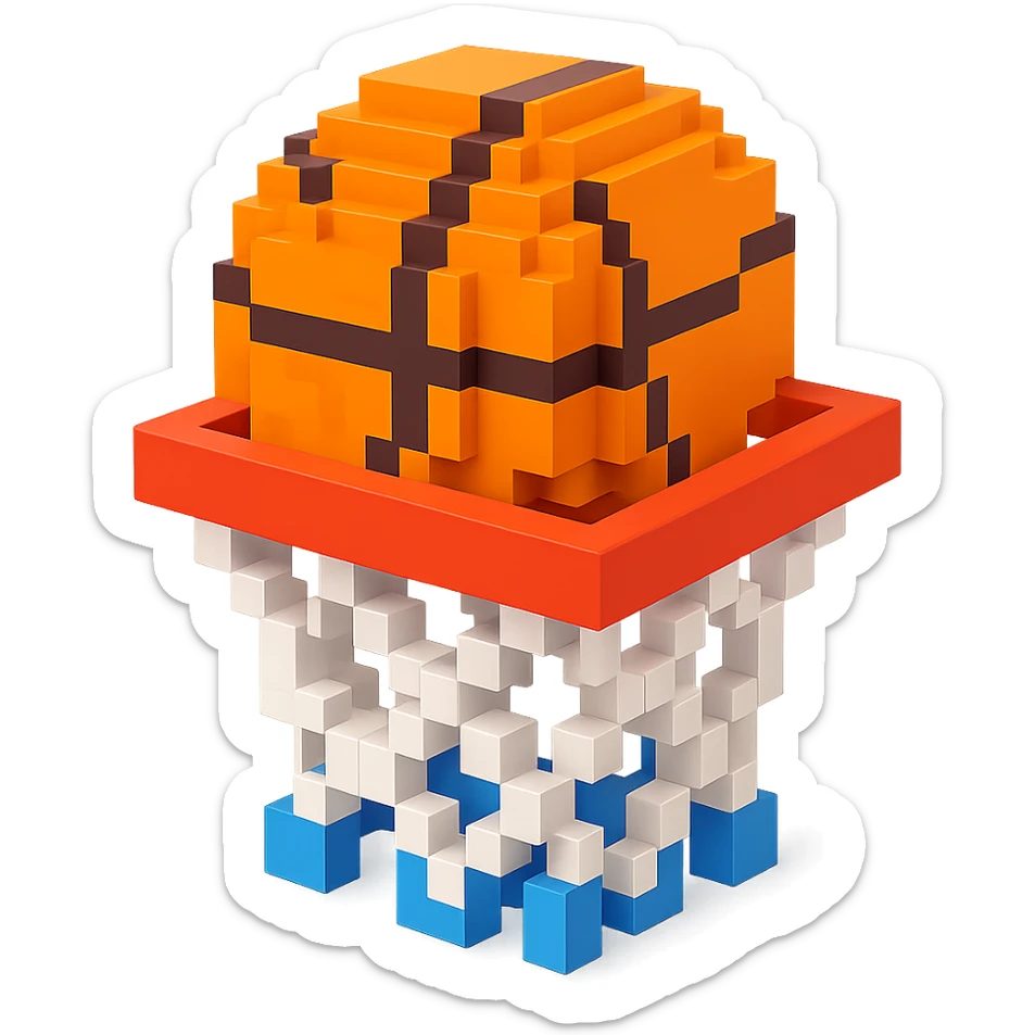 Voxel-style basketball in a net, variation 2 sticker