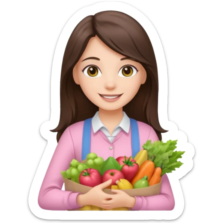 pretty smiling long brunette hair girl hazel eyes wearing light pink clothes holding groceries sticker