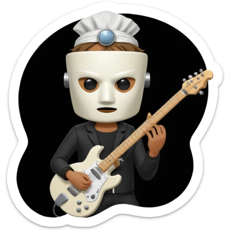A quirky emoji-style character of a guitarist wearing a white bucket on his head, with two eye holes, a blank expression, and a small theatrical mask on the bucket. He’s holding an electric guitar, dressed in a simple black outfit, giving off a mysterious but playful rock legend vibe. sticker
