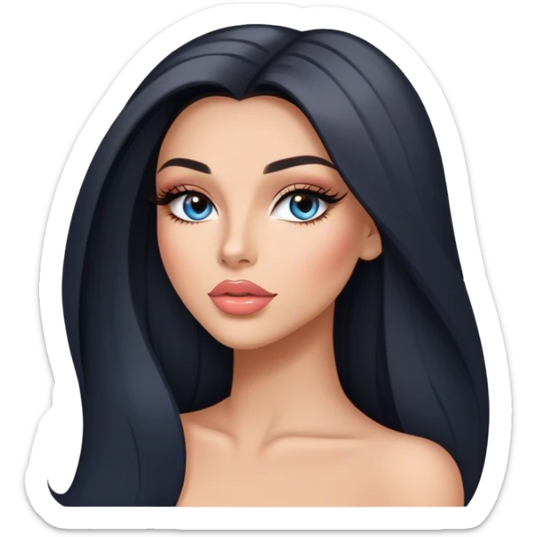 Glamours, tanned, very beautiful girl, with big pump peach-beige-rose lips, long long lashes, black straight smooth silky long hair, straight parting hair, blue-grey eyes sticker