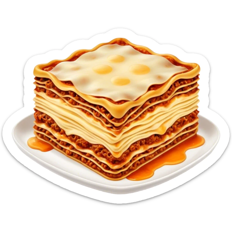 Lasagne alla Bolognese Cinematic Realistic Lasagne alla Bolognese Dish Emoji, depicted as a messy, layered pasta dish overflowing with melted cheese and rich meat sauce, rendered with hearty textures and warm, indulgent lighting. sticker