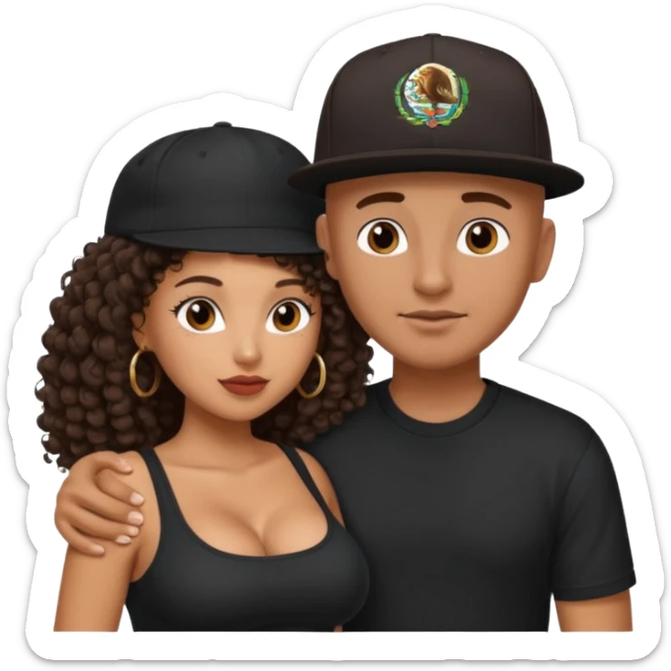 A picture of a tanned couple embracing. the guy is Mexican, with a bald hair cut and he has a SnapBack hat on. The girl is mixed, the girl is wearing a black shirt, the girl has brown curly big hair and the girl has big boobs  sticker