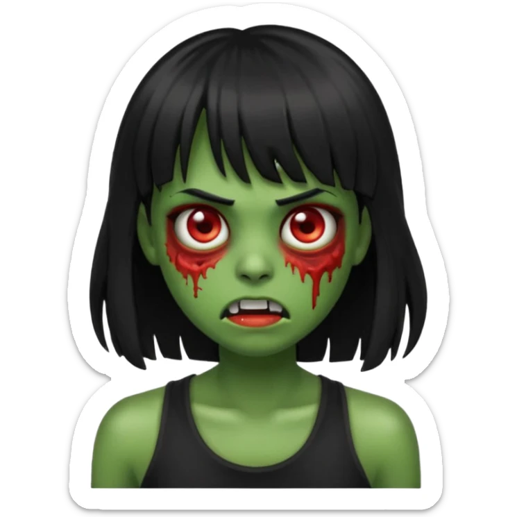 Zombie emoji with long black hair and bangs, with green skin, big red eyes, small nose, and a simple black tank top.  sticker