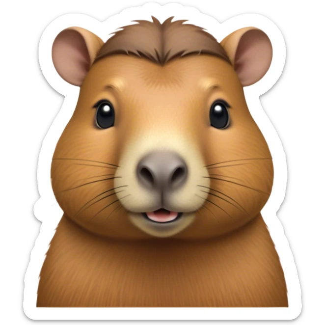 Cinematic Noble Capybara Portrait Emoji, Poised and serene, with a robust, rounded build and a characteristically broad, slightly flattened capybara face featuring a short snout and small, rounded ears, covered in soft, earthy fur with subtle natural texture and gentle, wise eyes; rendered in lifelike detail with natural light, high shine, intelligent and calm, styled with an air of understated authority, focused and attentive, soft glowing outline, capturing the essence of a watchful and confident capybara that appears ready to step out of the screen with effortless dignity! sticker