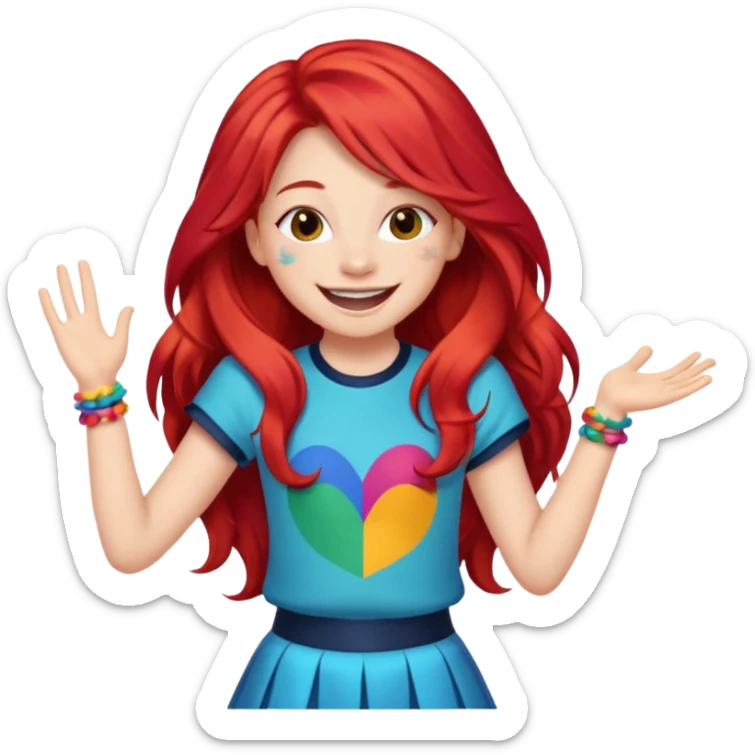 A red long hair cheerful teen singer with colorful outfit, performing with big smile.
 sticker