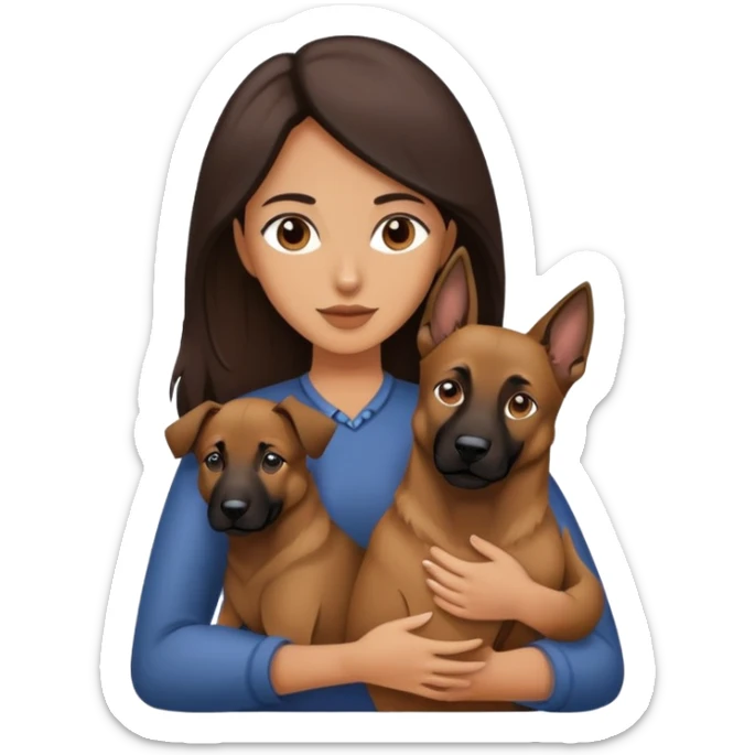 woman with long dark brown hair holding a Malinois dog in her arms sticker