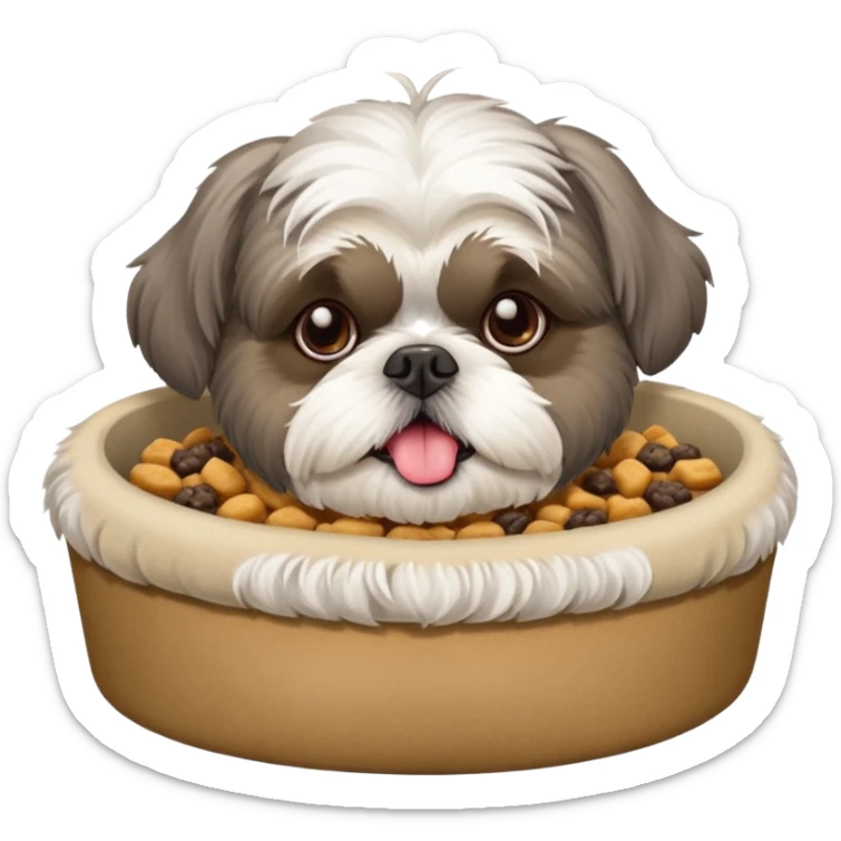 old grey shih tzu in dog bed with bowl of food tongue hanging out sticker
