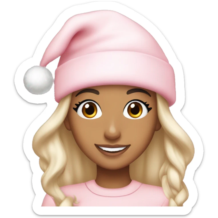 Ariana grande in a light pink christmas outfit wearing a light pink christmas hat sticker
