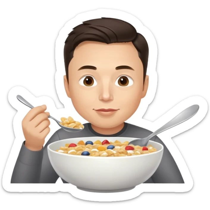 Elon Musk eating a bowl of cereal, man with short dark hair eating cereal from a bowl with a spoon sticker