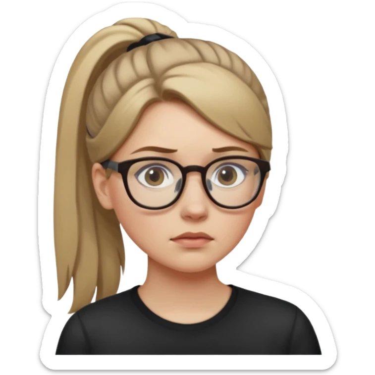 White girl with dark blonde hair in a ponytail and glasses sad sticker