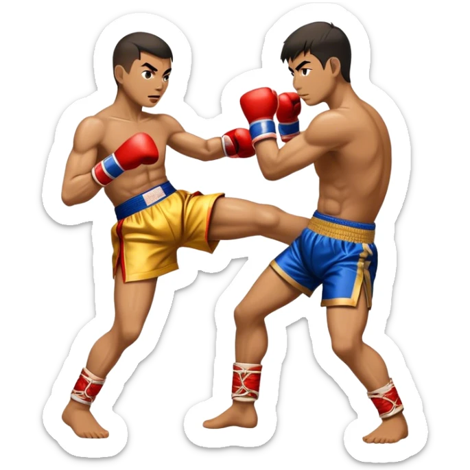 Cinematic Realistic Muay Thai Pop Culture Emoji, depicted with an action-packed portrayal of traditional Thai boxing rendered with bold textures and energetic, dramatic lighting. sticker