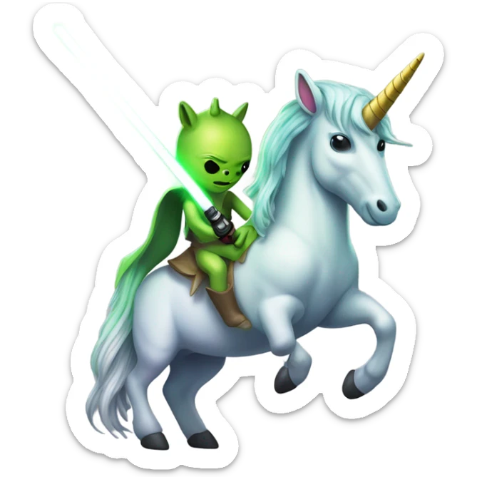 a unicorn with a green alien woman on it holding a lightsaber sticker