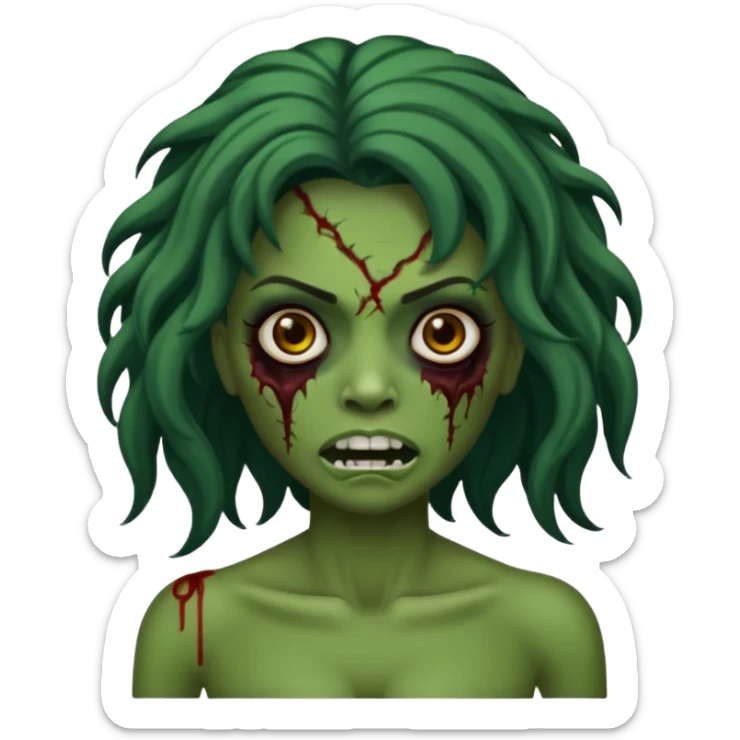 Faça um emoji de zumbi que se pareça comigo. Categorias: cabelo ondulados pretos, pele verde, usa aparelho! Personagem: feminina. sticker