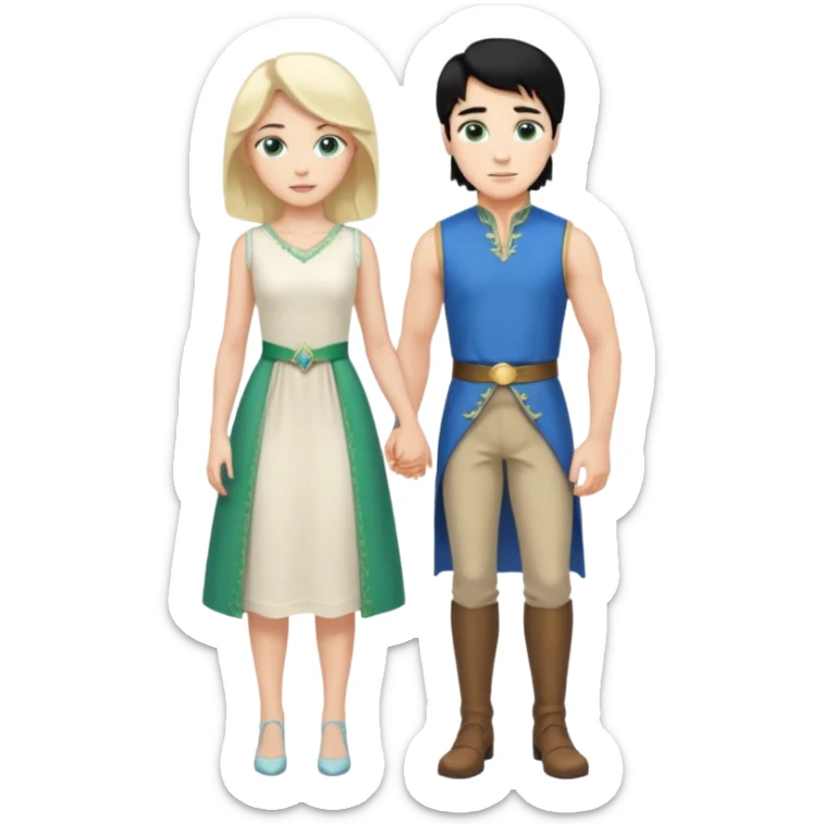 prince, standing upright, black Hair, blue eyes, garment, and woman, bending knee, sleveless white dress, blonde hair, green eyes, sticker