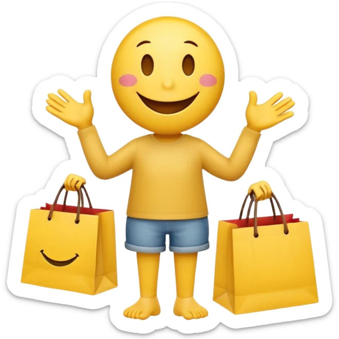 HAPPY SMILEY FACE WITH HANDS AND FEET EMOJI WITH SHOPPING BAGS IN EACH HAND sticker