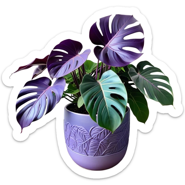 A stunning purple monstera plant with deep violet-green leaves, each leaf elegantly veined with subtle shades of purple, creating an ethereal glow. The plant is flourishing in a beautifully crafted lavender ceramic pot with intricate embossed floral patterns. The background features a softly blurred, moody violet gradient, enhancing the plant’s lush aesthetic. Delicate strands of ivy and tiny lavender blossoms cascade around the pot, adding depth and harmony. Soft, diffused lighting casts a gentle glow, emphasizing the plant’s unique coloration and creating a dreamy, artistic composition. sticker