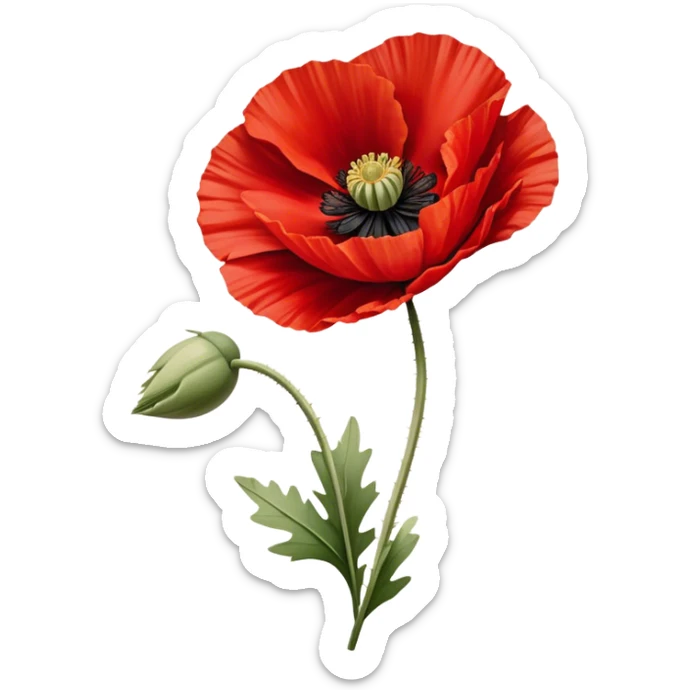 A vibrant red poppy in full bloom, its petals slightly ruffled by the wind. The rich scarlet hue contrasts beautifully with a soft beige linen backdrop. sticker