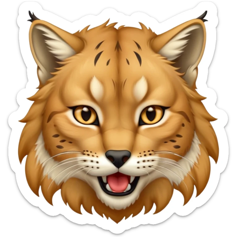 Cinematic-detailed-Yawning-Lynx-Portrait-Emoji – Head tilted slightly with a dramatic, wide-open yawn, revealing a sleek golden-brown fur coat with subtle spots, signature black ear tufts standing tall, round amber eyes barely open in drowsy contentment. sticker