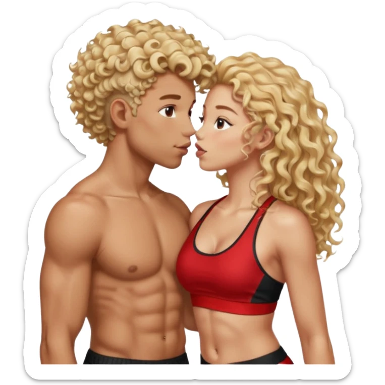 athletic man, high top fade, blonde curly hair only top only, no shirt and Athletic girl with long light red wavy long hair and black sports, Put them together kissing, or holding hands sticker
