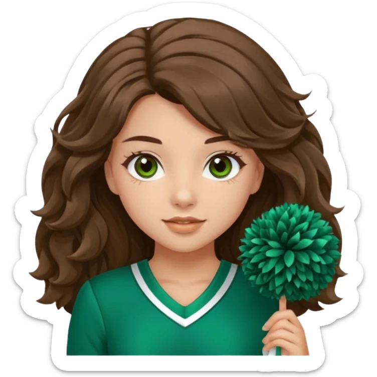 A pretty girl, her eyes is blue, her hair is brown long wavy hair, and wear green Hawkins cheerleader uniform and hold pompom sticker
