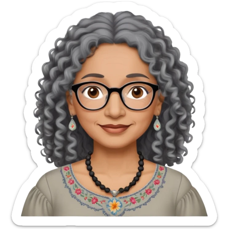 Latina woman, about 55 years old, dark warm brown skin, round soft face, long curly black and gray hair, no headband, medium eyes, thin eyebrows, gentle smile, delicate eyeglasses, gray peasant blouse with embroidery, bare shoulders, large dark necklace sticker