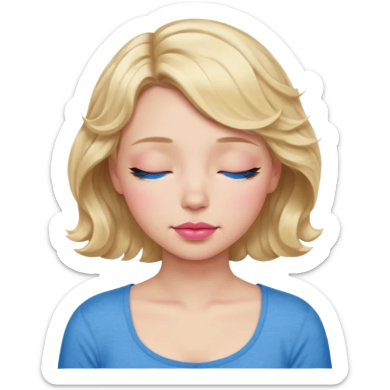 Girl Blonde short wavy hair,  blue eyes, cute blue top, long lashes, pink lips, sleeping eyes closed sticker
