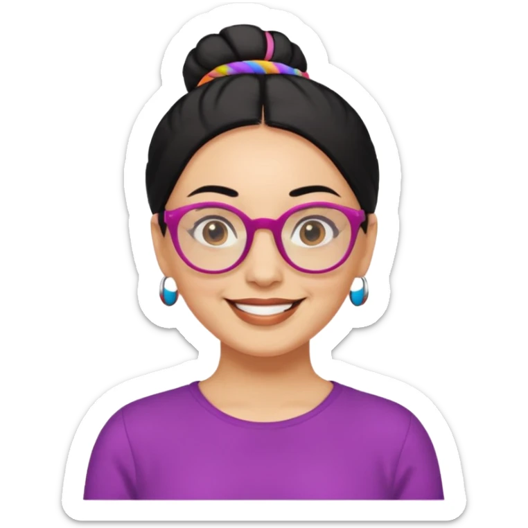 light skin middle aged with low bun in black hair with colorful glasses sticker